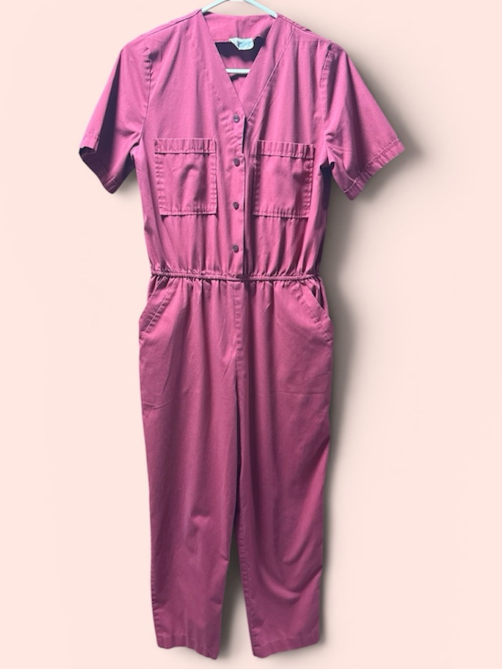 Vintage Pink Button-Front Utility Jumpsuit - Picture 1 of 5